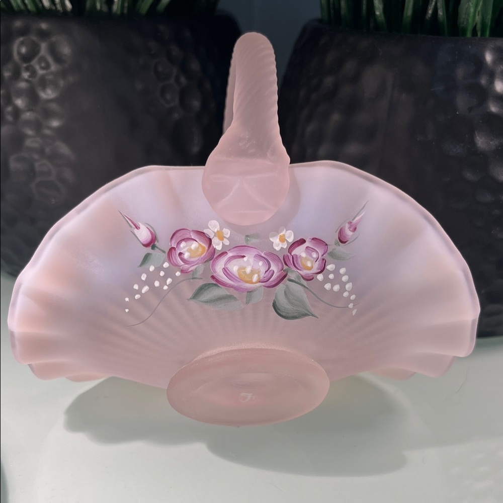 Hand-Painted Pink Glass Basket with Floral Motif